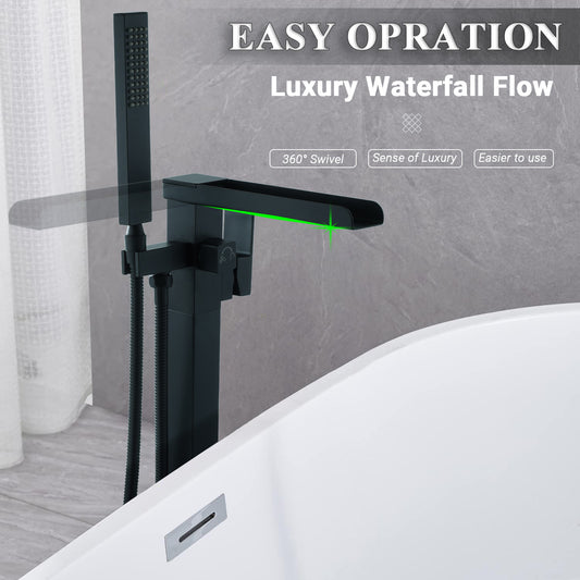 Floor Mount Free Standing Tub Faucet, Brass Stand Alone Tub Filler, Waterfall Flow, SFRT