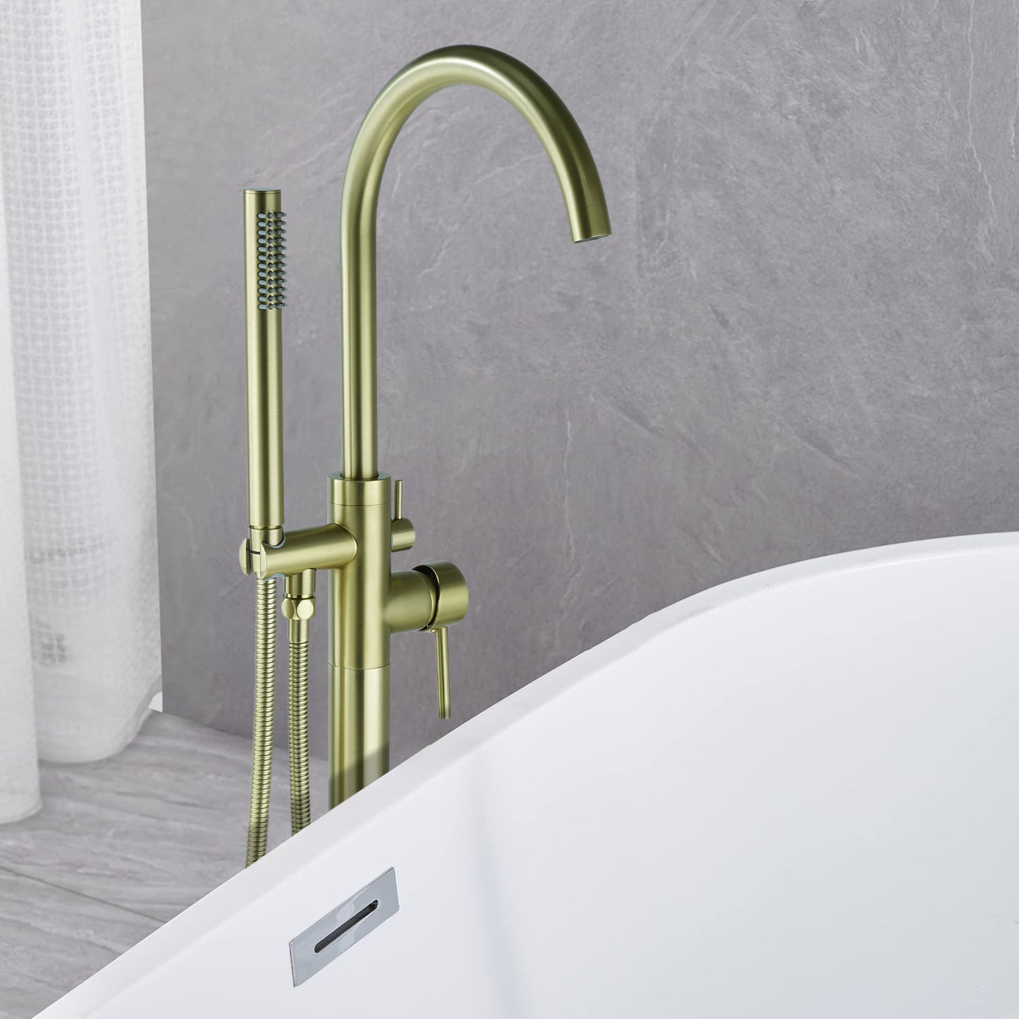 FBUKE Black Freestanding Bathtub Faucet Floor Mount Standing Bath Tub Filler with Hand Shower