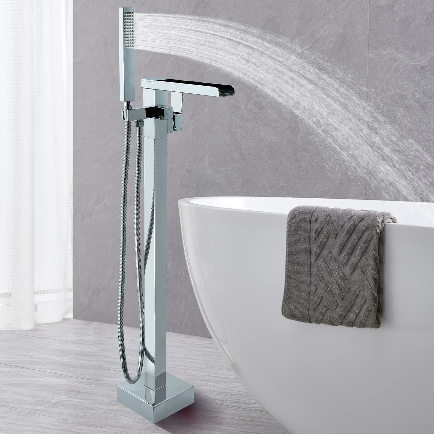 Floor Mount Free Standing Tub Faucet, Brass Stand Alone Tub Filler, Waterfall Flow, SFRT