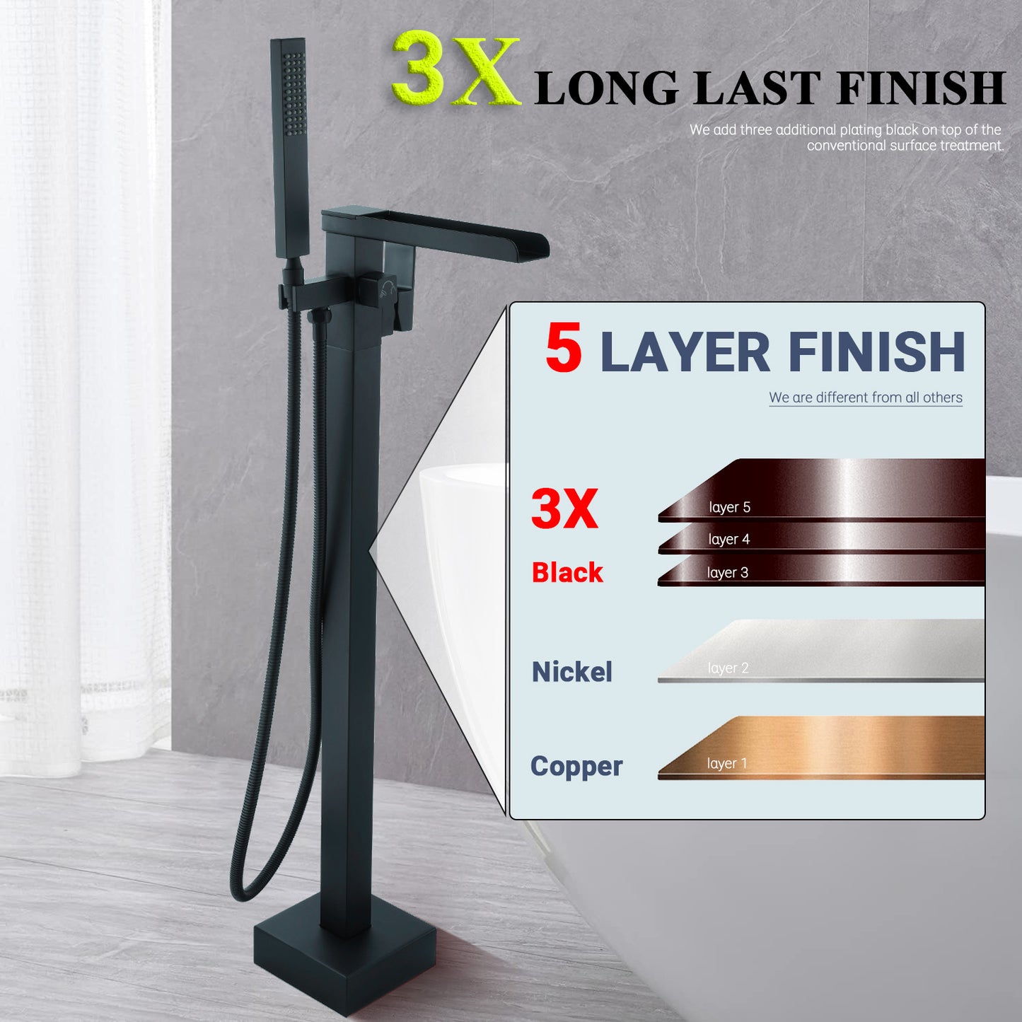 Floor Mount Free Standing Tub Faucet, Brass Stand Alone Tub Filler, Waterfall Flow, SFRT