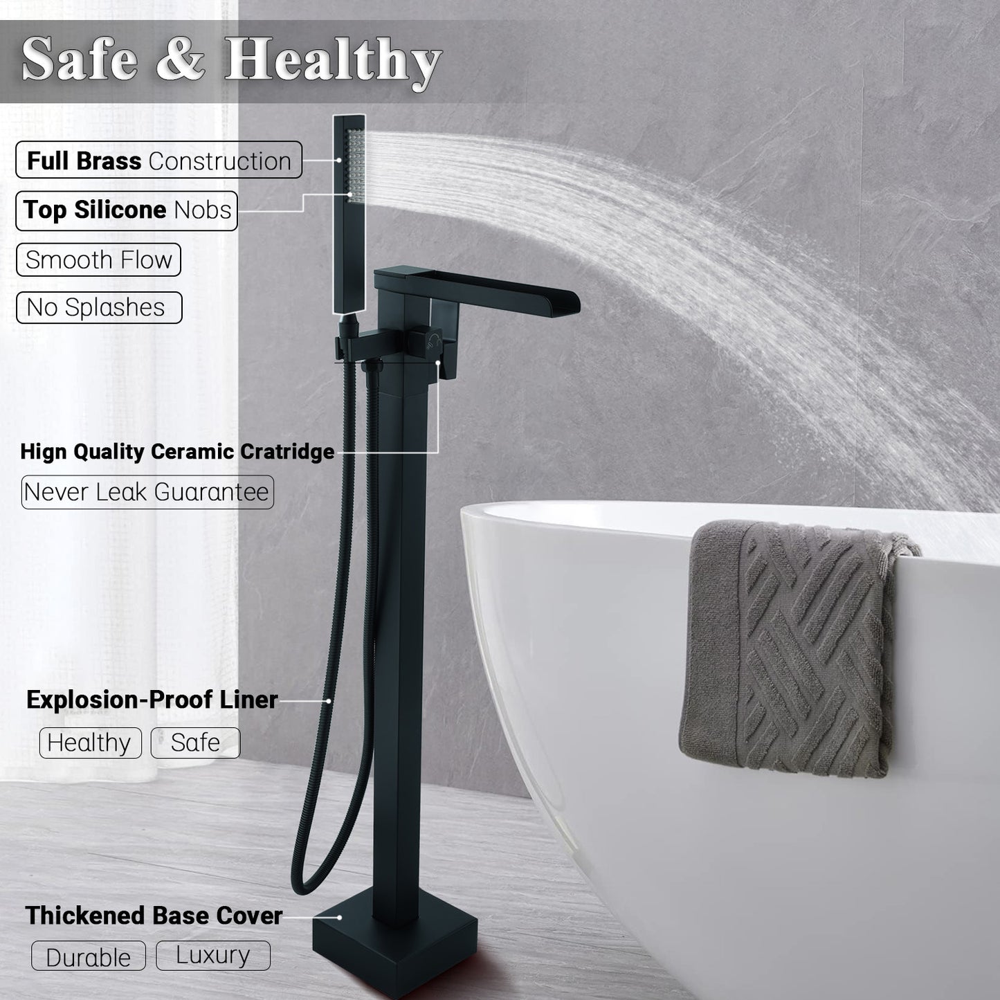 Floor Mount Free Standing Tub Faucet, Brass Stand Alone Tub Filler, Waterfall Flow, SFRT