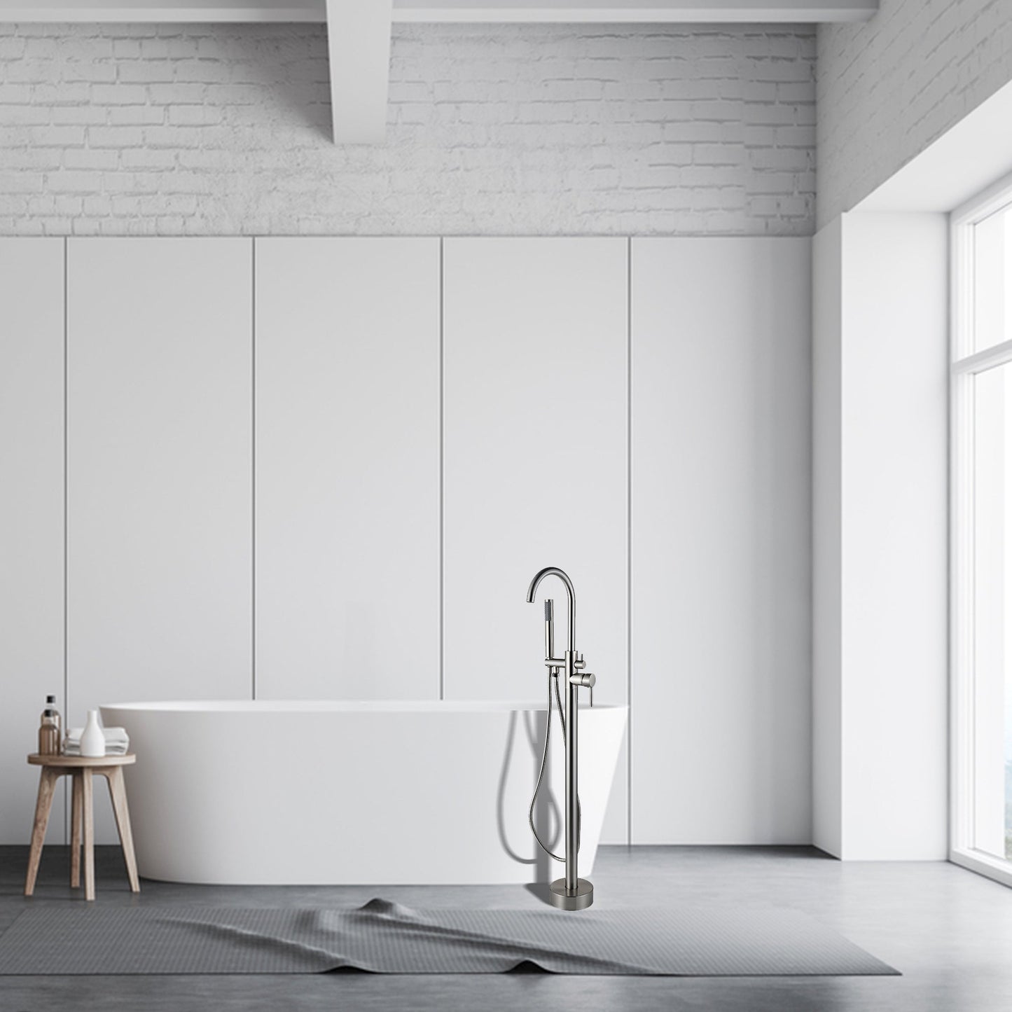 FBUKE Brushed Nickel Freestanding Bathtub Faucet Floor Mount Standing Bath Tub Filler with Hand Shower