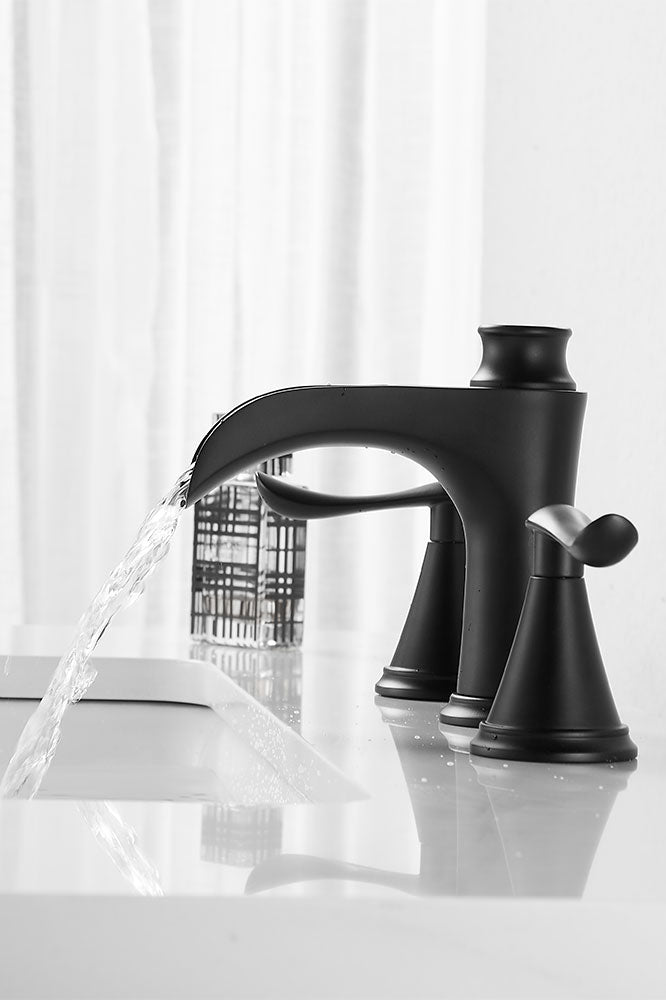 FBUKE Waterfall Bathroom Faucet 3 Hole Widespread 2-Handle for 8-16 inch Vanity Sink, Matte Black, Brushed Nickel