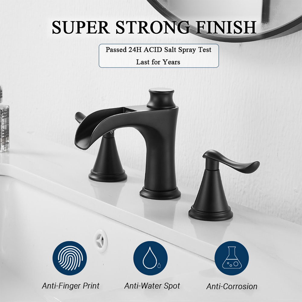 FBUKE Waterfall Bathroom Faucet 3 Hole Widespread 2-Handle for 8-16 inch Vanity Sink, Matte Black, Brushed Nickel