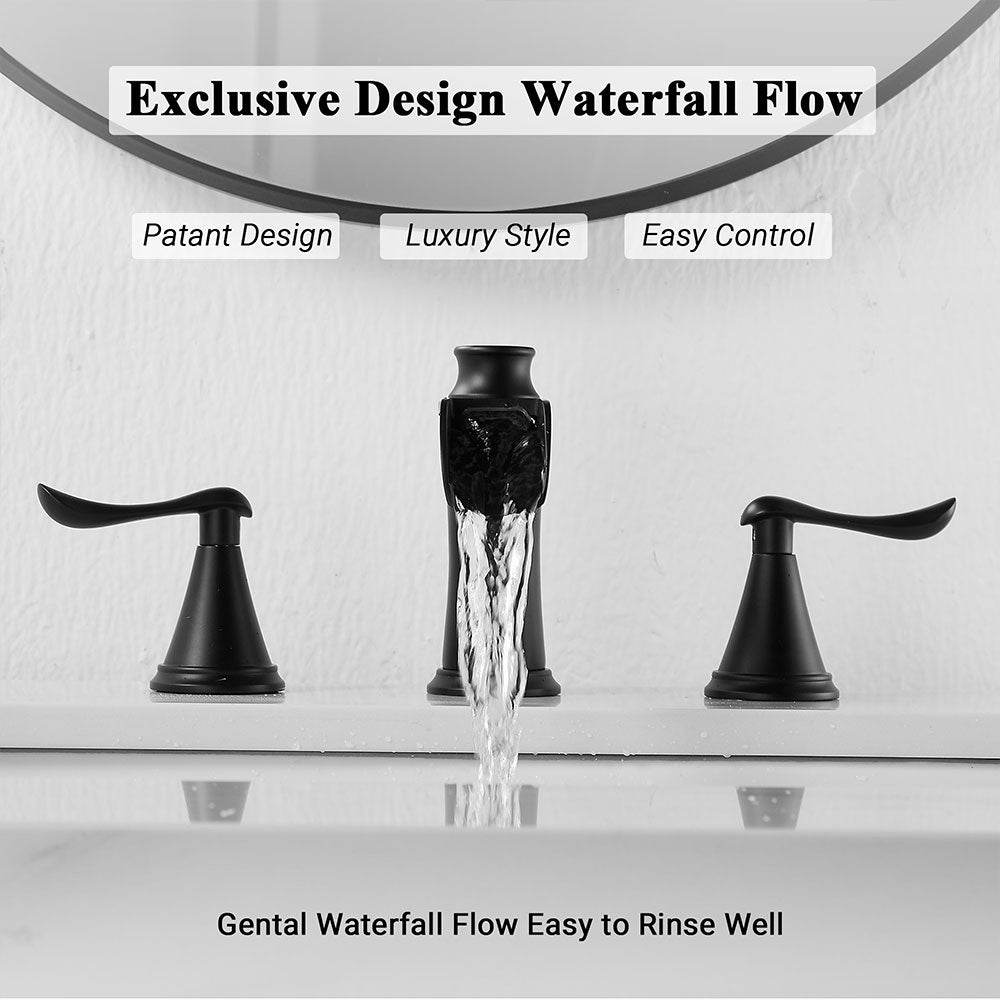 FBUKE Waterfall Bathroom Faucet 3 Hole Widespread 2-Handle for 8-16 inch Vanity Sink, Matte Black, Brushed Nickel