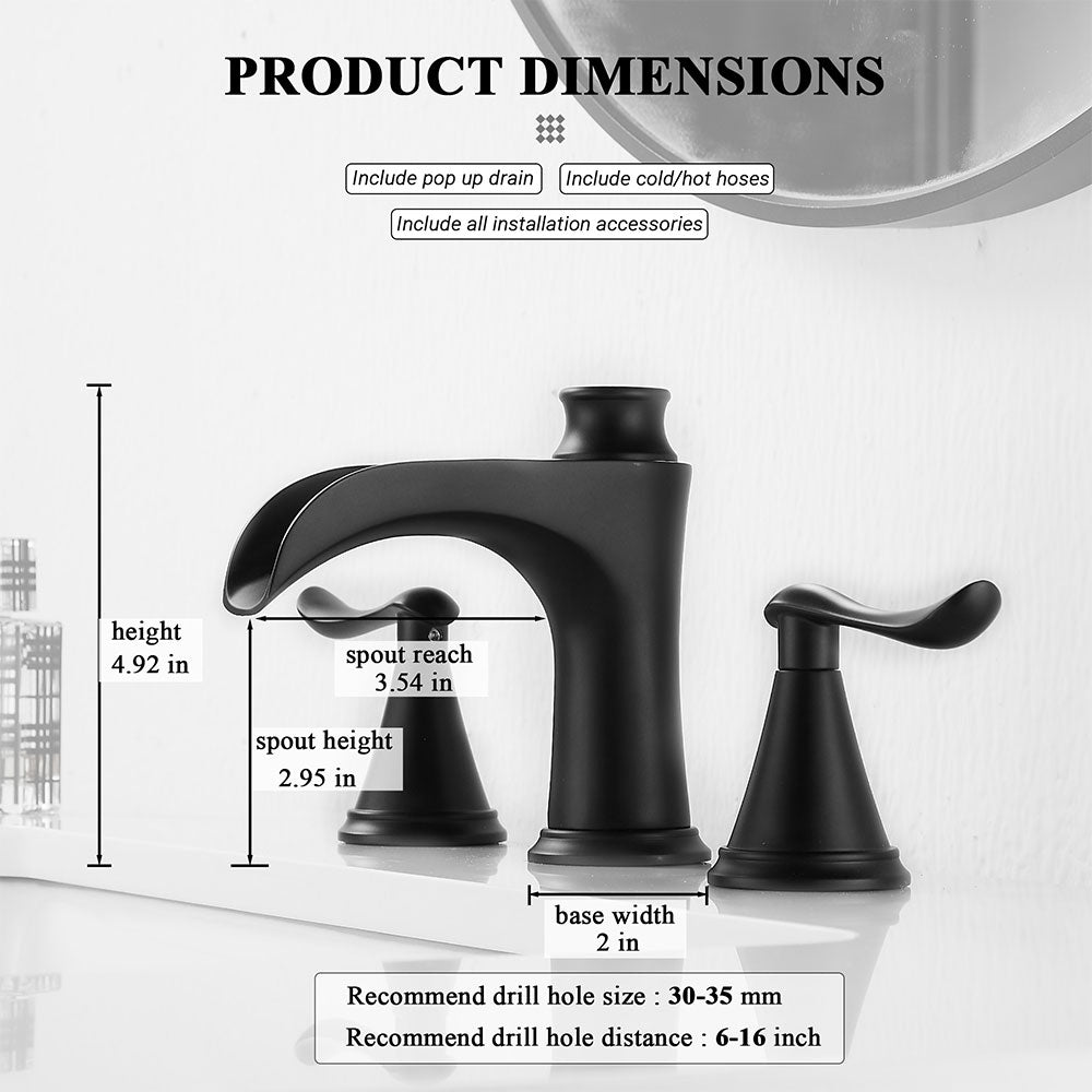 FBUKE Waterfall Bathroom Faucet 3 Hole Widespread 2-Handle for 8-16 inch Vanity Sink, Matte Black, Brushed Nickel