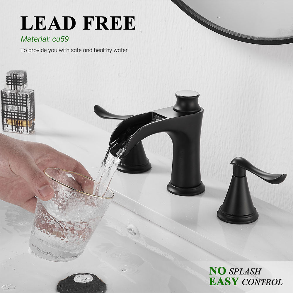 FBUKE Waterfall Bathroom Faucet 3 Hole Widespread 2-Handle for 8-16 inch Vanity Sink, Matte Black, Brushed Nickel