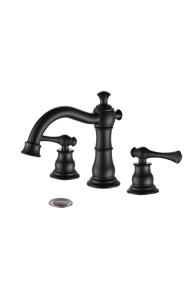 FBUKE Bathroom Sink Faucet Widespread for 8-16 inch 3 Hole Sink with Drain Stopper, 2 Handles, Matte Black