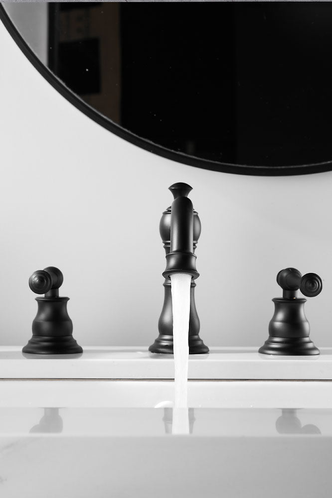 FBUKE Bathroom Sink Faucet Widespread for 8-16 inch 3 Hole Sink with Drain Stopper, 2 Handles, Matte Black