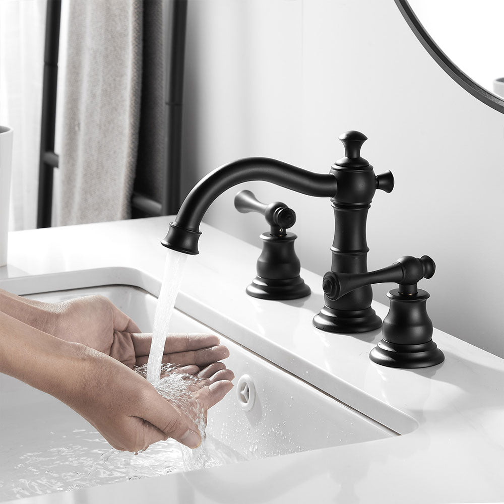 FBUKE Bathroom Sink Faucet Widespread for 8-16 inch 3 Hole Sink with Drain Stopper, 2 Handles, Matte Black