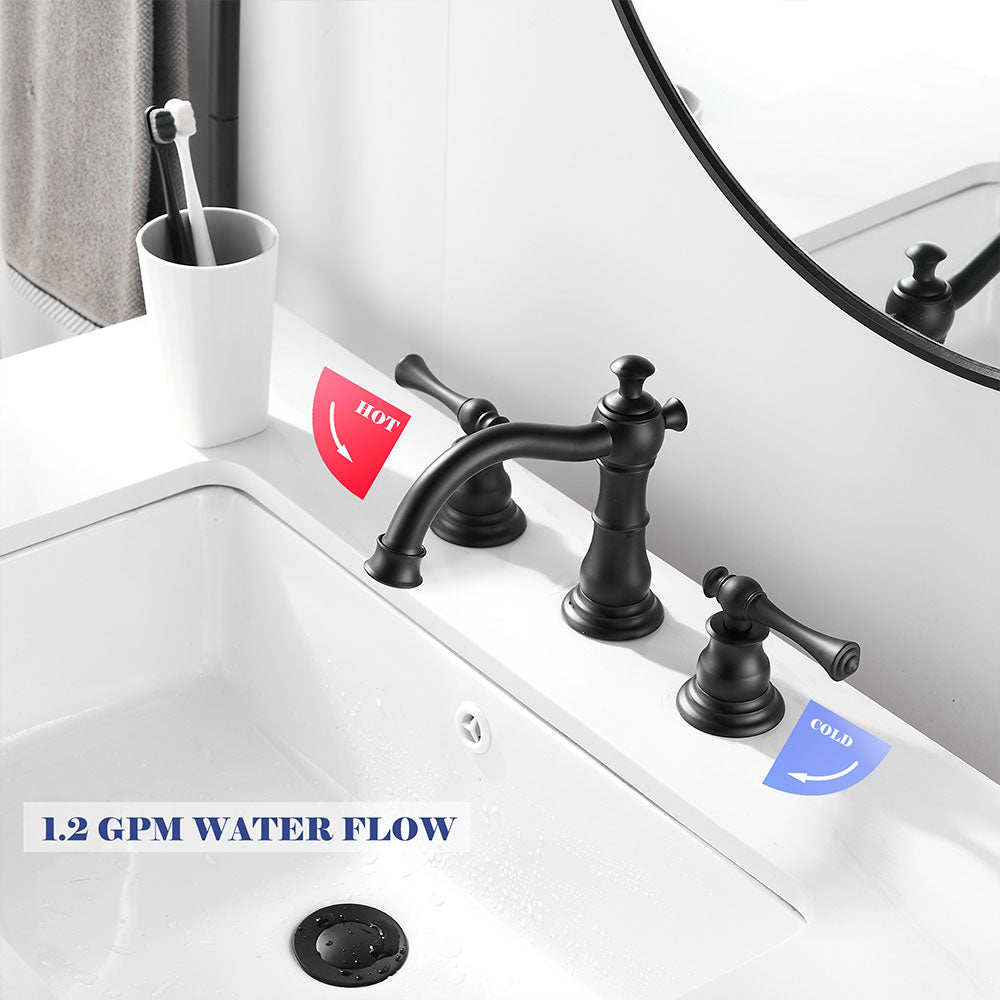 FBUKE Bathroom Sink Faucet Widespread for 8-16 inch 3 Hole Sink with Drain Stopper, 2 Handles, Matte Black