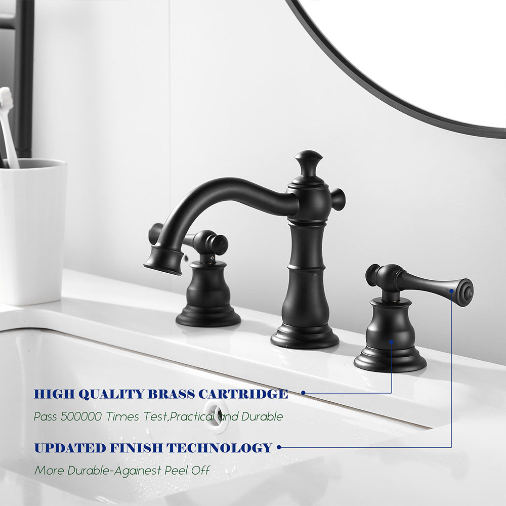 FBUKE Bathroom Sink Faucet Widespread for 8-16 inch 3 Hole Sink with Drain Stopper, 2 Handles, Matte Black