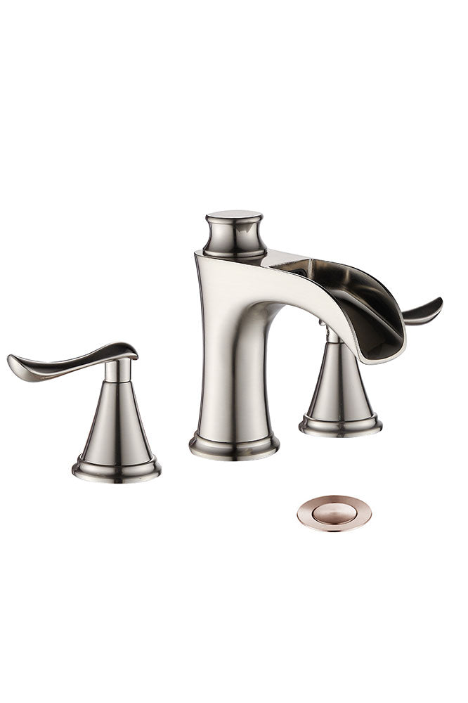 FBUKE Waterfall Bathroom Faucet 3 Hole Widespread 2-Handle for 8-16 inch Vanity Sink, Matte Black, Brushed Nickel