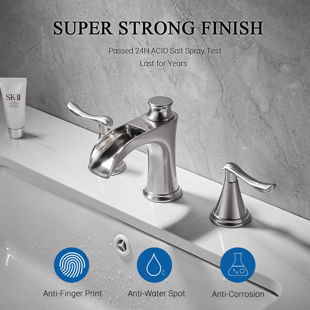 FBUKE Waterfall Bathroom Faucet 3 Hole Widespread 2-Handle for 8-16 inch Vanity Sink, Matte Black, Brushed Nickel