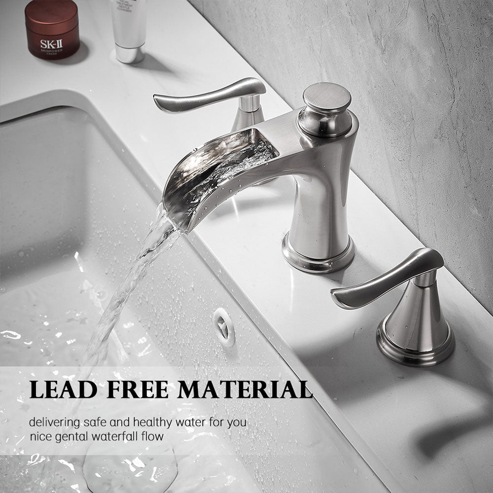 FBUKE Waterfall Bathroom Faucet 3 Hole Widespread 2-Handle for 8-16 inch Vanity Sink, Matte Black, Brushed Nickel