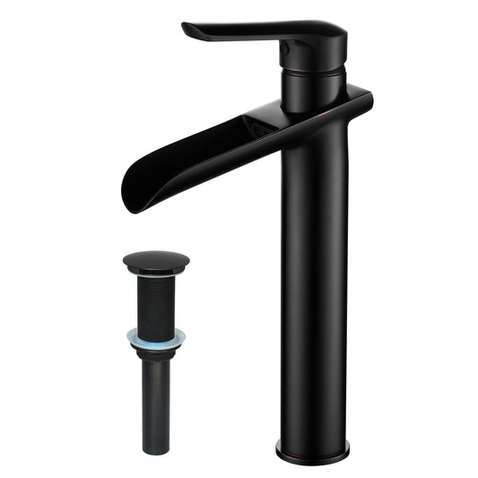 FBUKE Waterfall Bathroom Vessel Sink Faucet Single Hole Bowl Brass Mixer Tap with Pop Up Drain, Oil Rubbed Bronze SH8001H