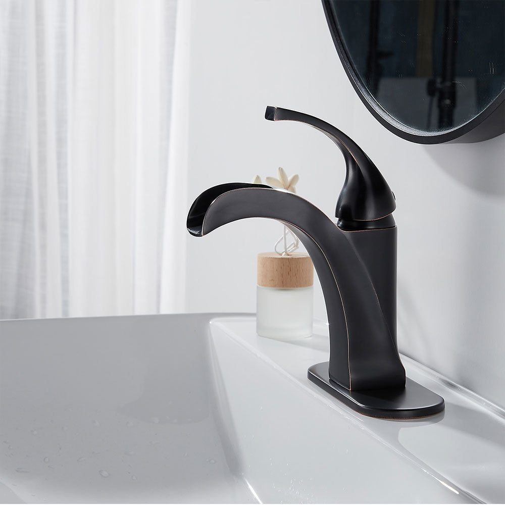 FBUKE Bathroom Waterfall Faucet and Stopper Single Handle Vanity Sink Basin Mixer Tap, SH0915H