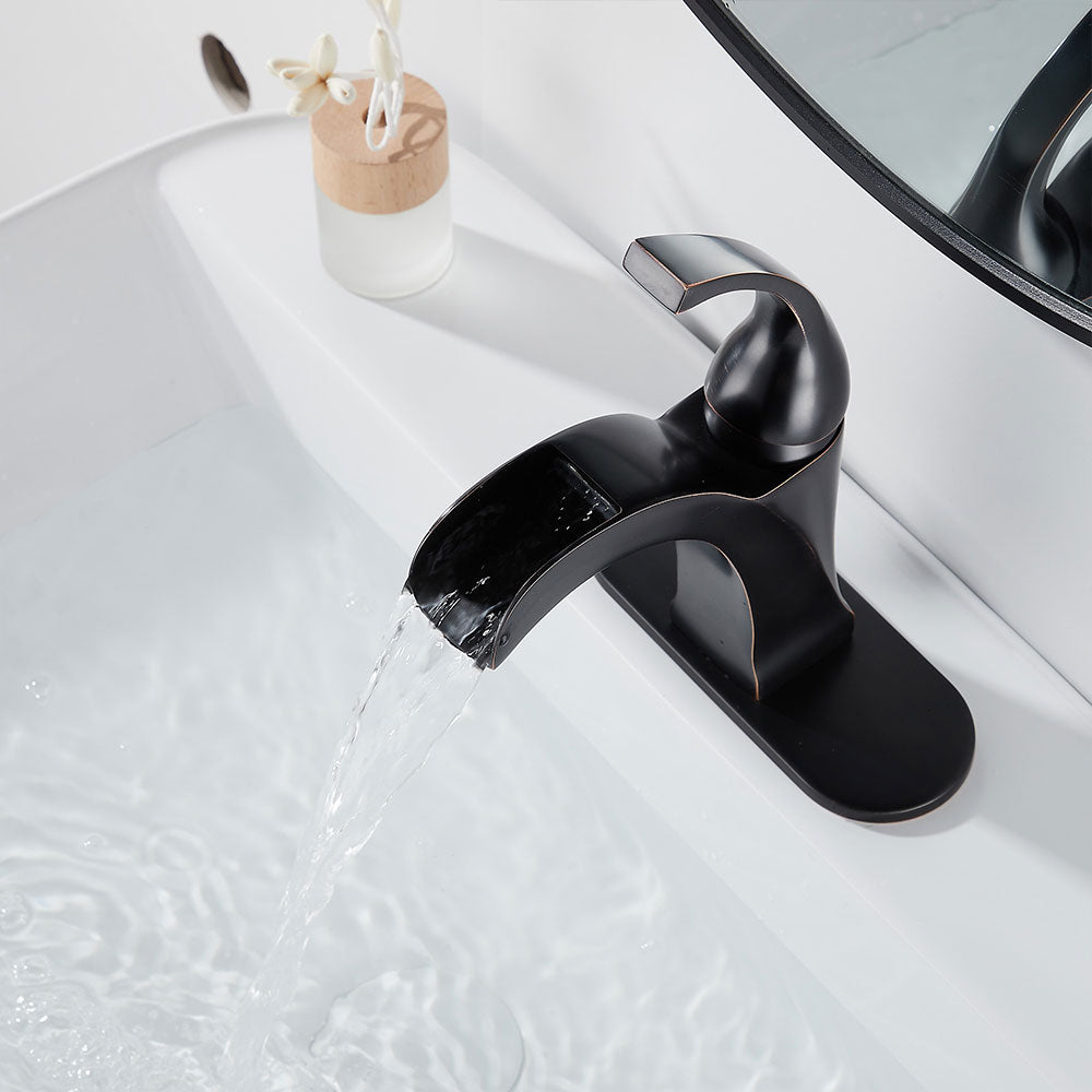FBUKE Bathroom Waterfall Faucet and Stopper Single Handle Vanity Sink Basin Mixer Tap, SH0915H