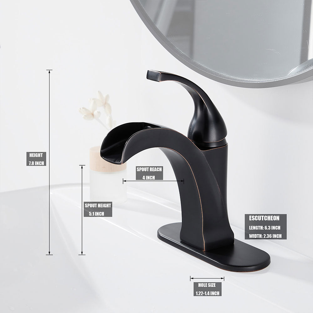 FBUKE Bathroom Waterfall Faucet and Stopper Single Handle Vanity Sink Basin Mixer Tap, SH0915H