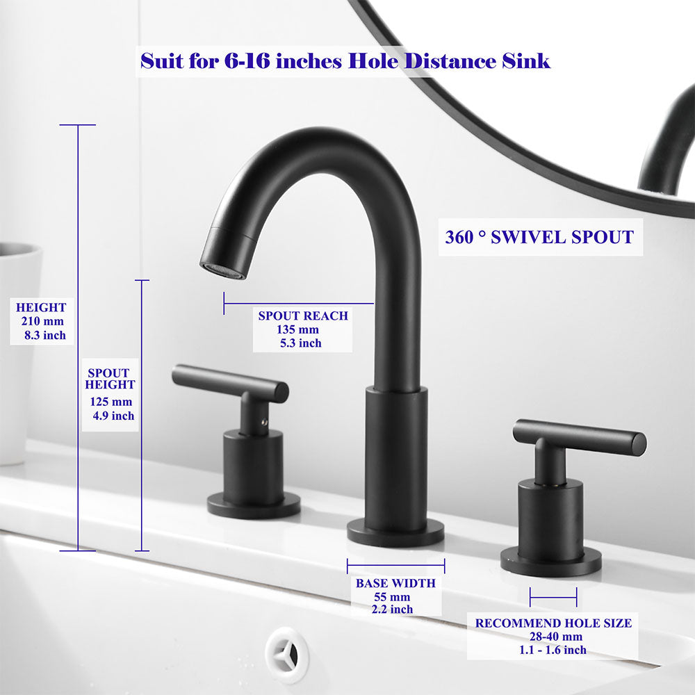 FBUKE Black Bathroom Faucet for 3 Hole Sink 8 inch Widespread 2-Handle, Drain Included, SH001HNS