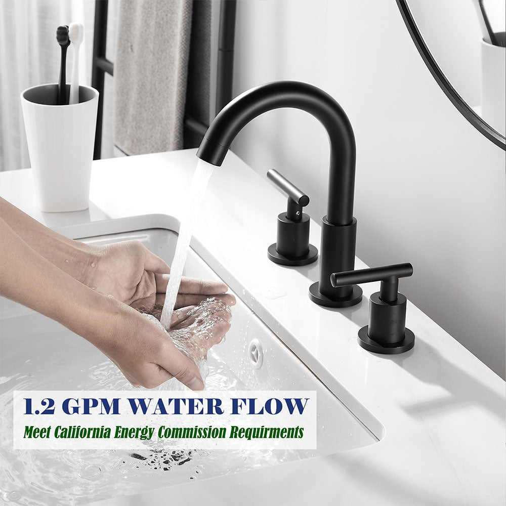 FBUKE Black Bathroom Faucet for 3 Hole Sink 8 inch Widespread 2-Handle, Drain Included, SH001HNS