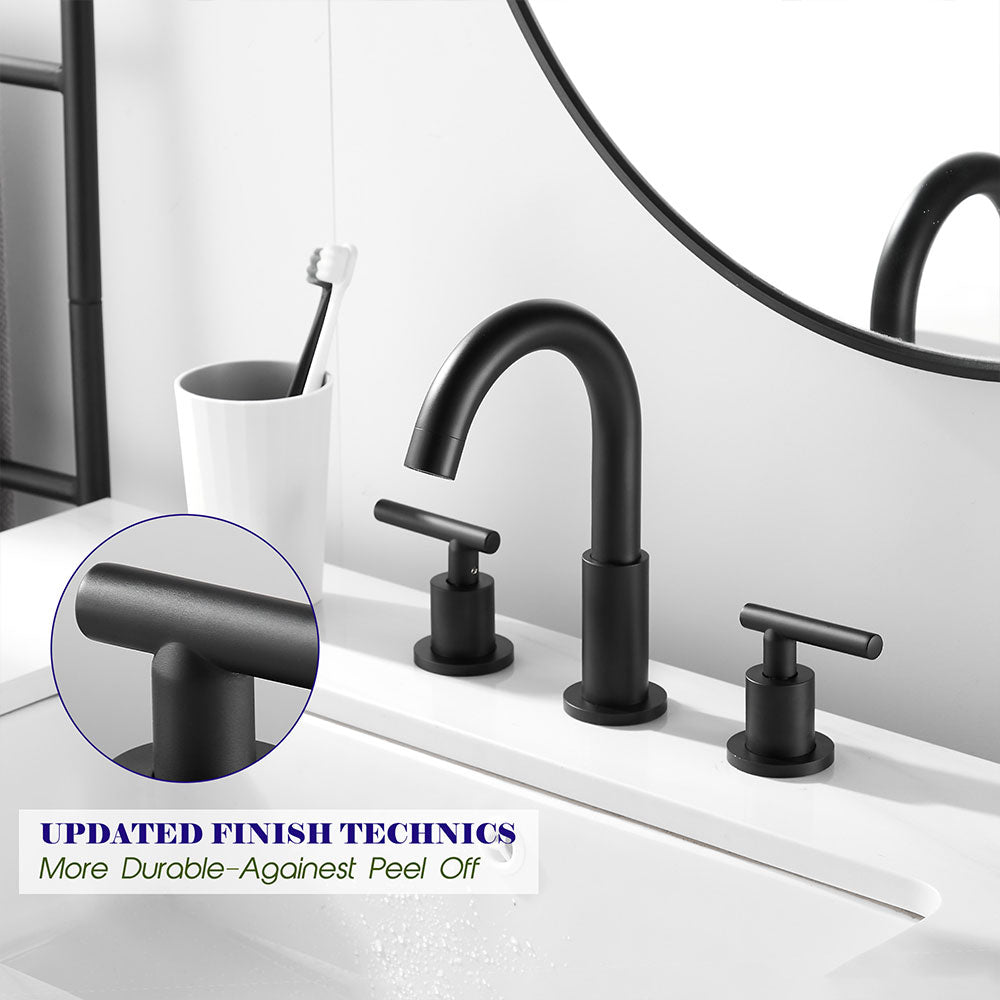 FBUKE Black Bathroom Faucet for 3 Hole Sink 8 inch Widespread 2-Handle, Drain Included, SH001HNS