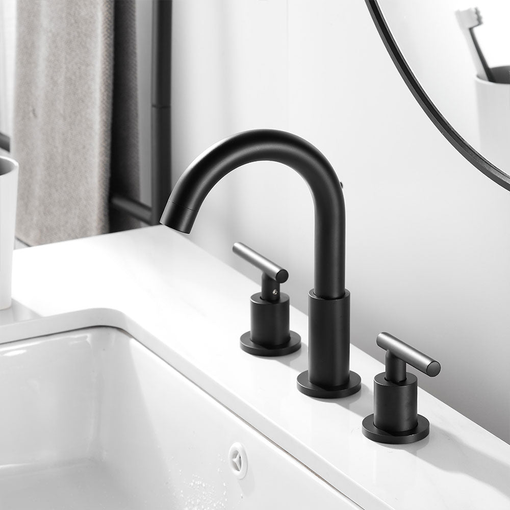 FBUKE Black Bathroom Faucet for 3 Hole Sink 8 inch Widespread 2-Handle, Drain Included, SH001HNS