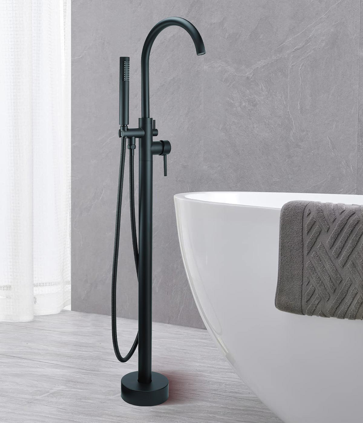 FBUKE Black Freestanding Bathtub Faucet Floor Mount Standing Bath Tub Filler with Hand Shower