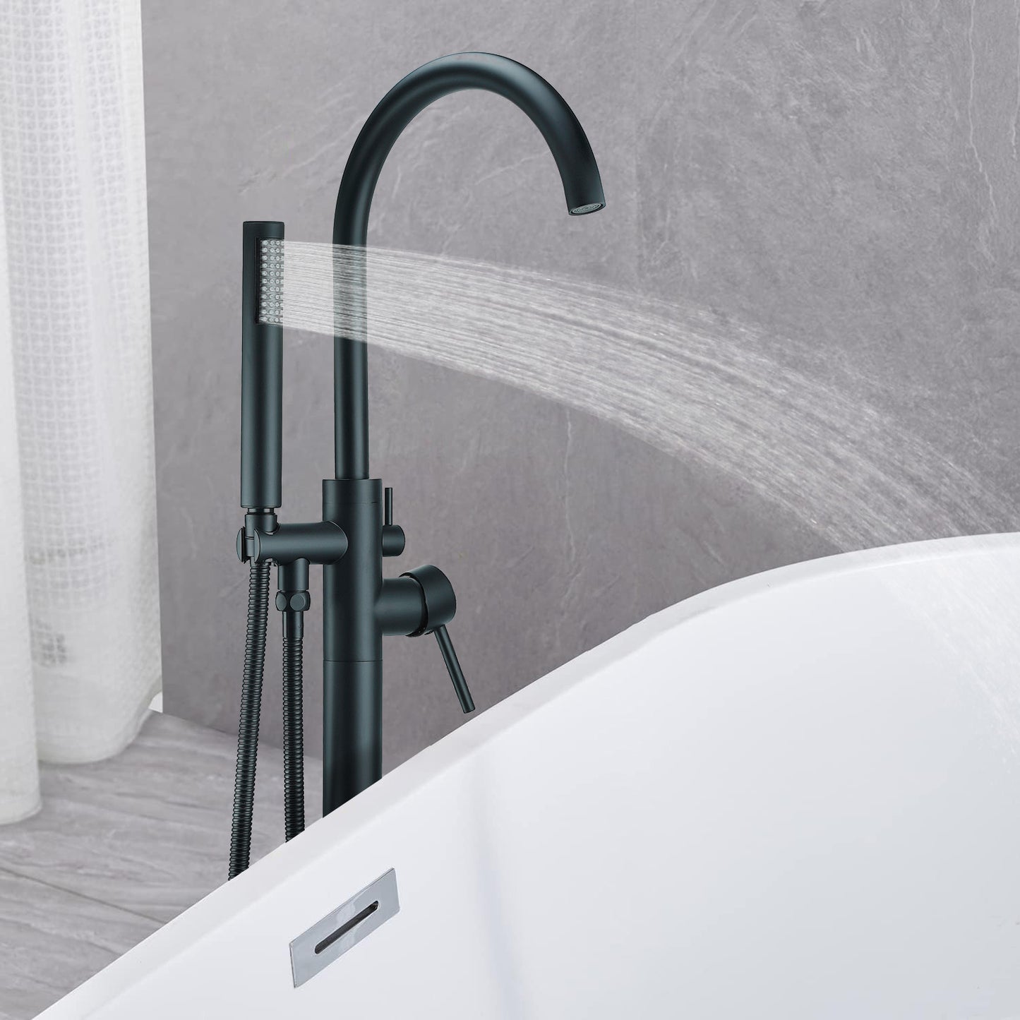 FBUKE Black Freestanding Bathtub Faucet Floor Mount Standing Bath Tub Filler with Hand Shower
