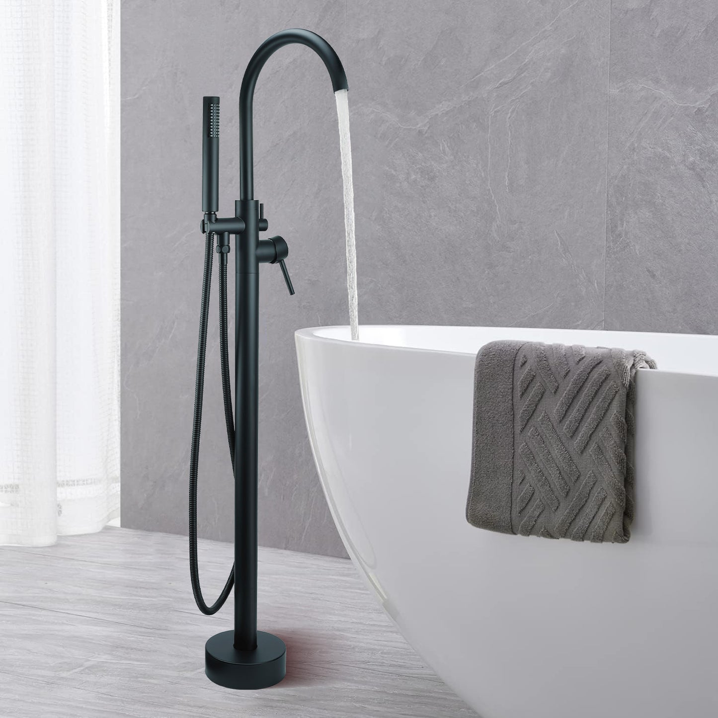 FBUKE Black Freestanding Bathtub Faucet Floor Mount Standing Bath Tub Filler with Hand Shower