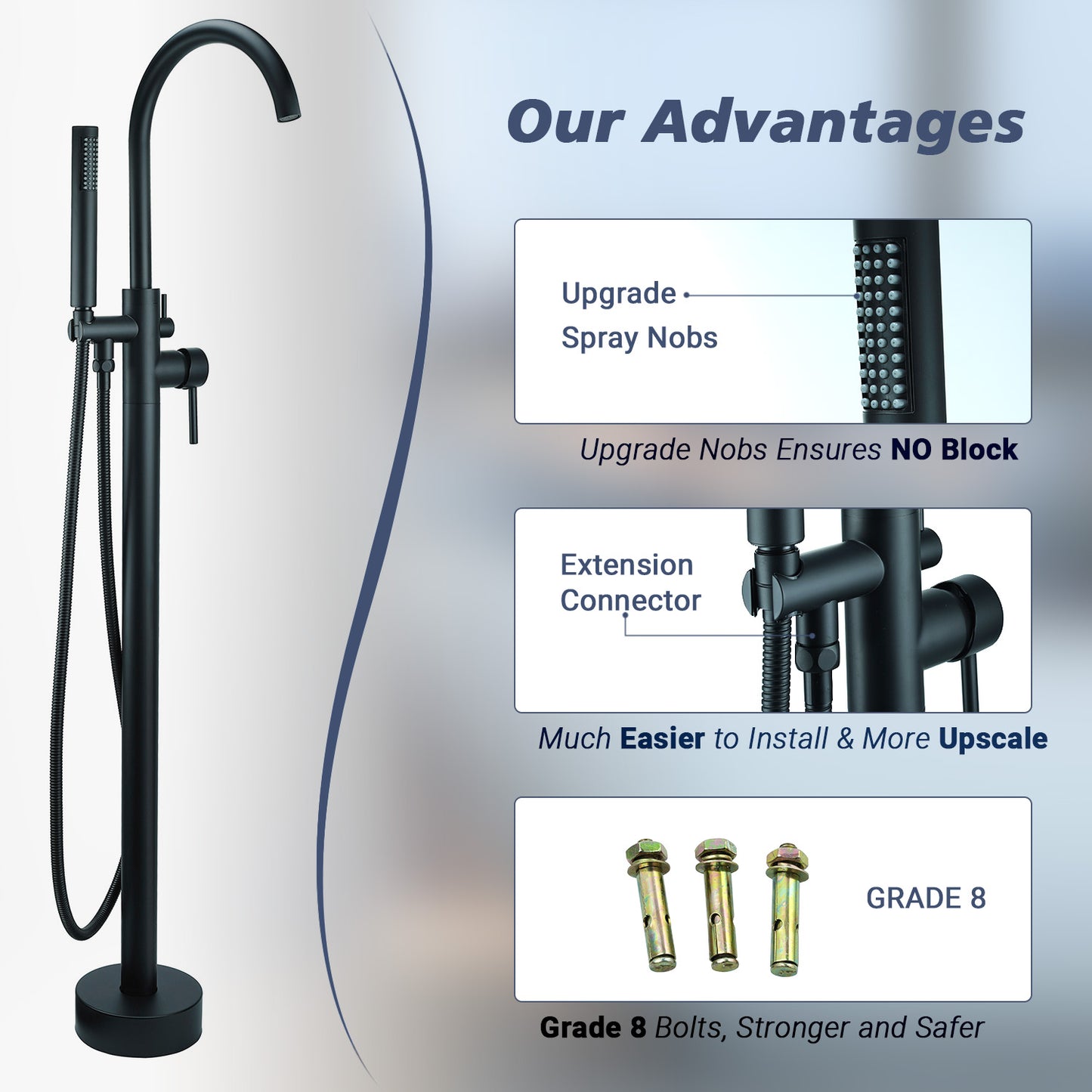 FBUKE Black Freestanding Bathtub Faucet Floor Mount Standing Bath Tub Filler with Hand Shower