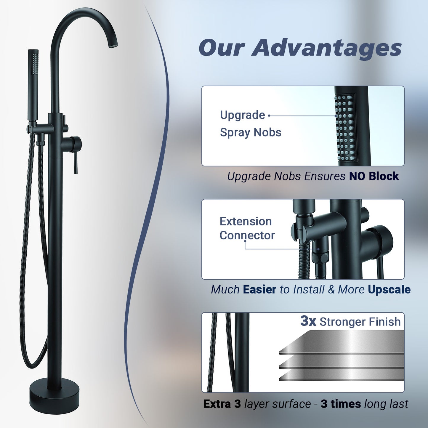 Freestanding Bathtub Faucet Floor Mount Standing Bath Tub Filler with Hand Shower, SFRD