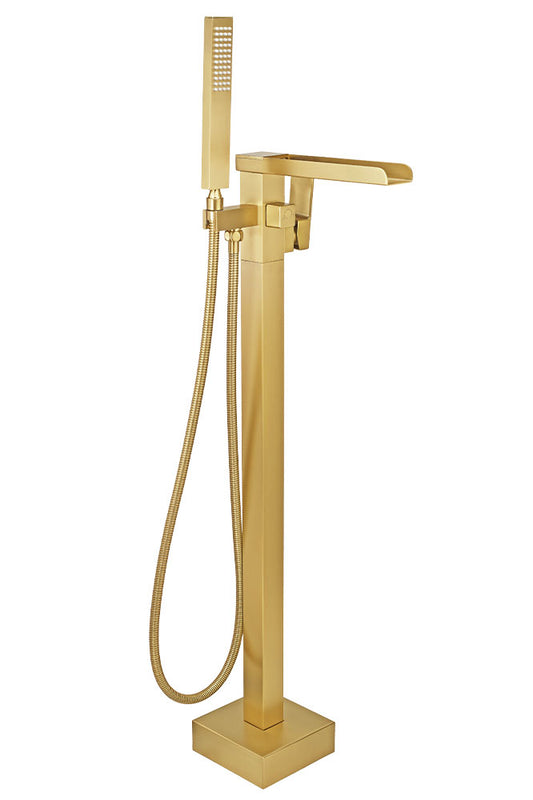 Free Standing Tub Faucet Brushed Gold, Floor Mount Freestanding Tub Faucets, Brass Stand Alone Tub Filler, Waterfall High Flow Bathtub Shower Mixer Tap