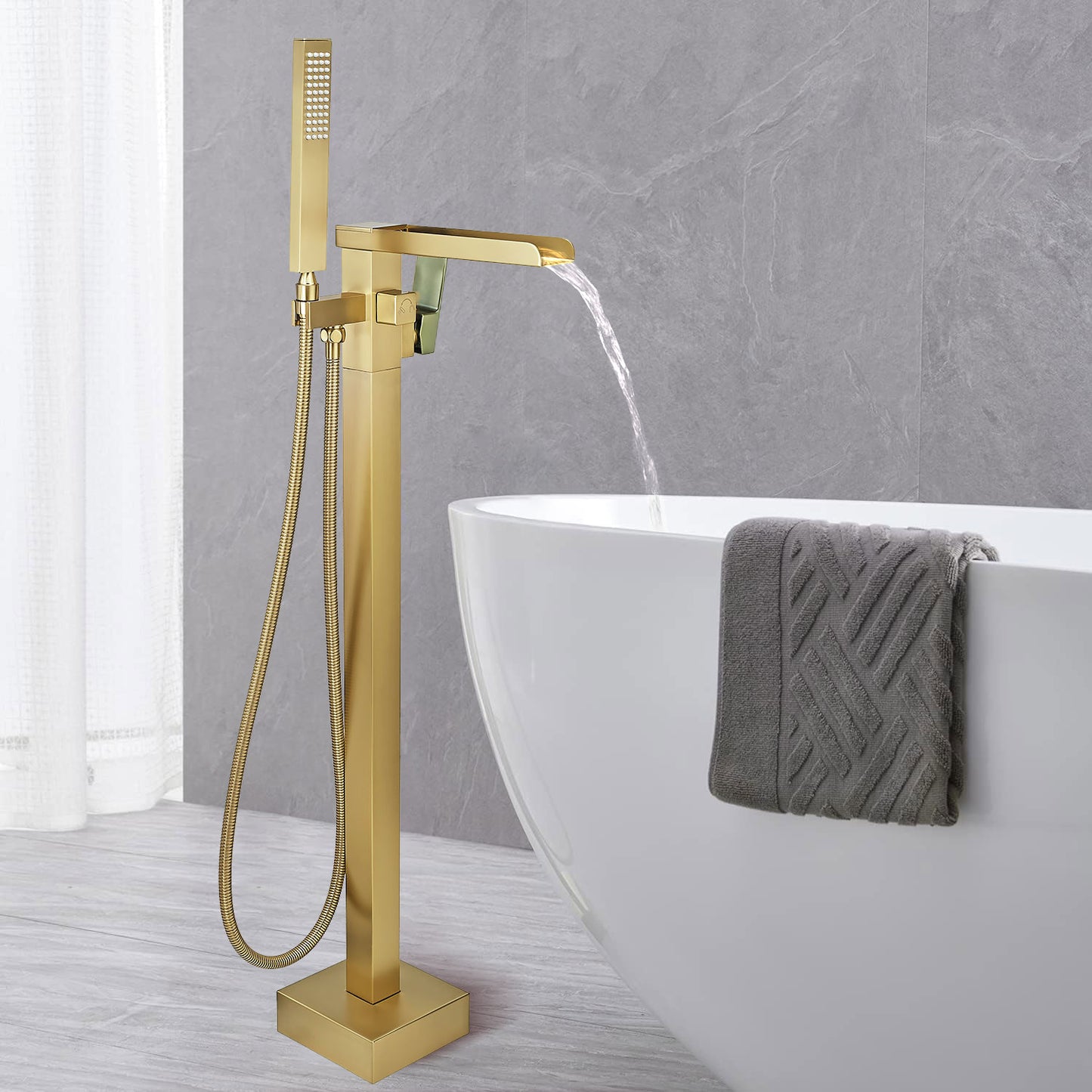 Floor Mount Free Standing Tub Faucet, Brass Stand Alone Tub Filler, Waterfall Flow, SFRT