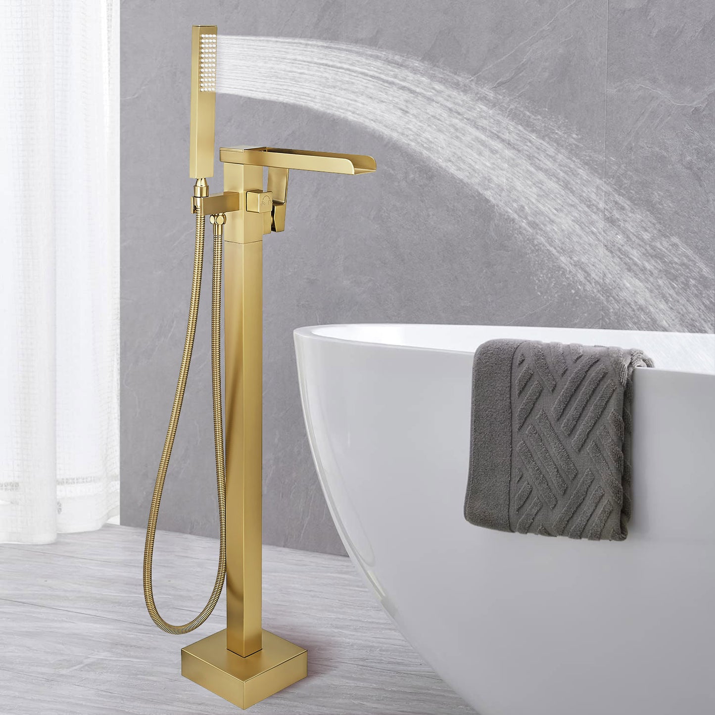 Floor Mount Free Standing Tub Faucet, Brass Stand Alone Tub Filler, Waterfall Flow, SFRT