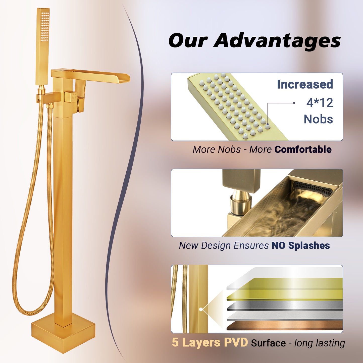Floor Mount Free Standing Tub Faucet, Brass Stand Alone Tub Filler, Waterfall Flow, SFRT