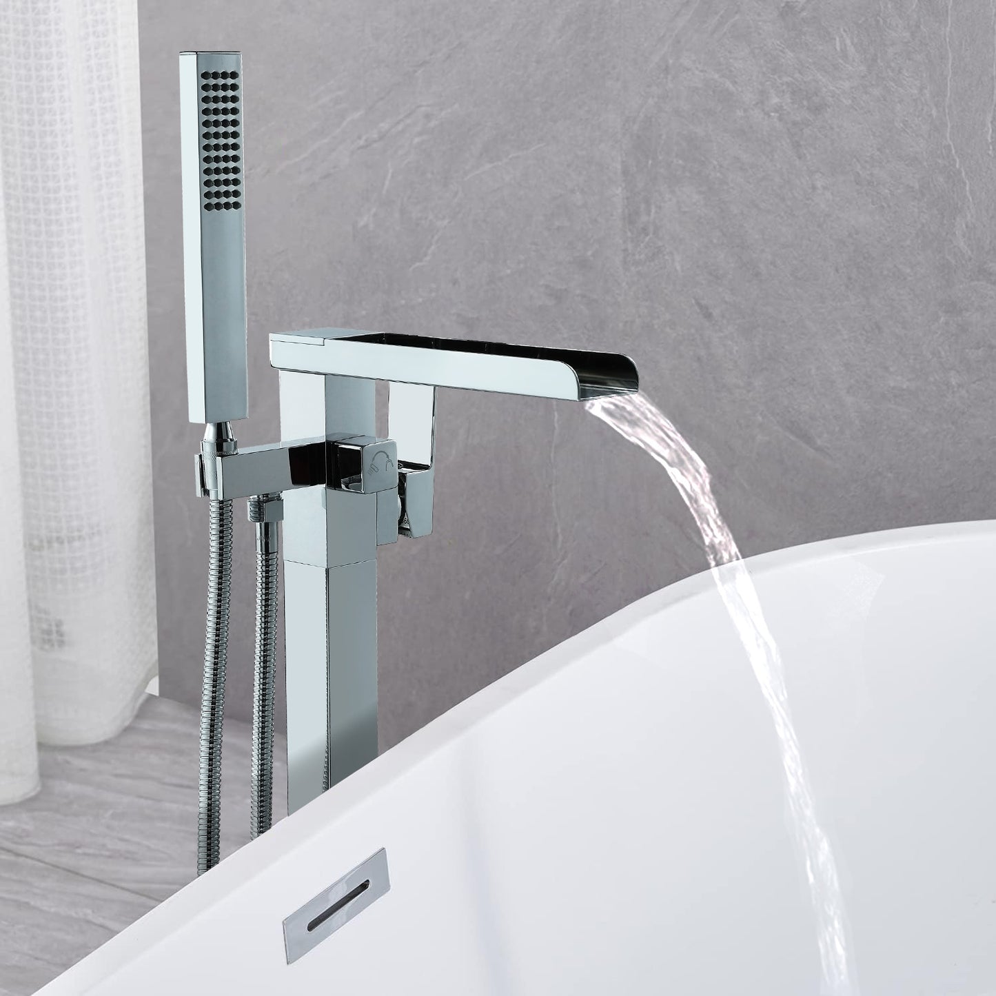 Floor Mount Free Standing Tub Faucet, Brass Stand Alone Tub Filler, Waterfall Flow, SFRT