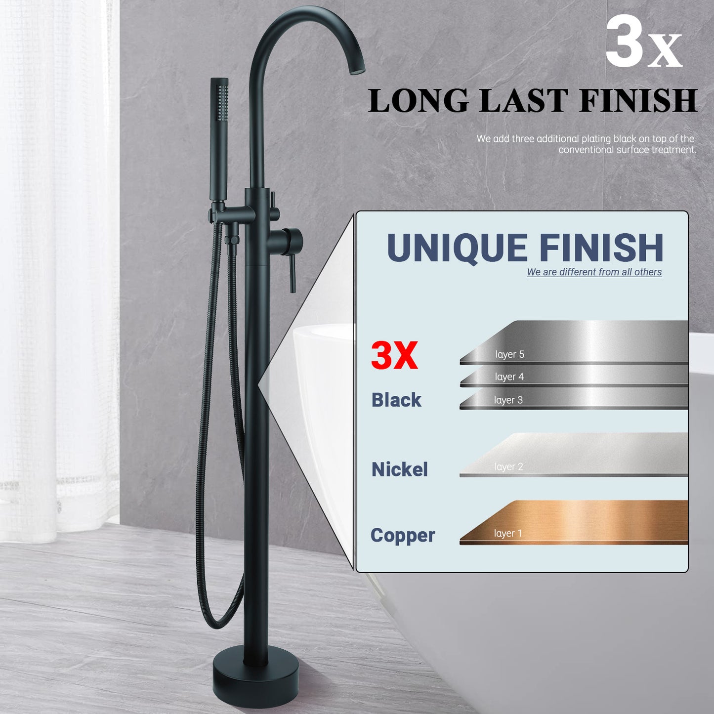 Freestanding Bathtub Faucet Floor Mount Standing Bath Tub Filler with Hand Shower, SFRD