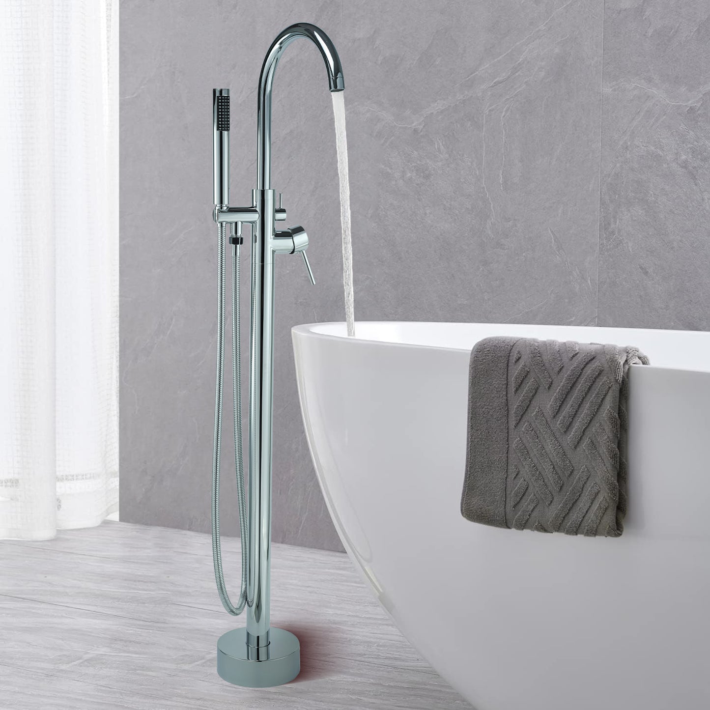 FBUKE Black Freestanding Bathtub Faucet Floor Mount Standing Bath Tub Filler with Hand Shower