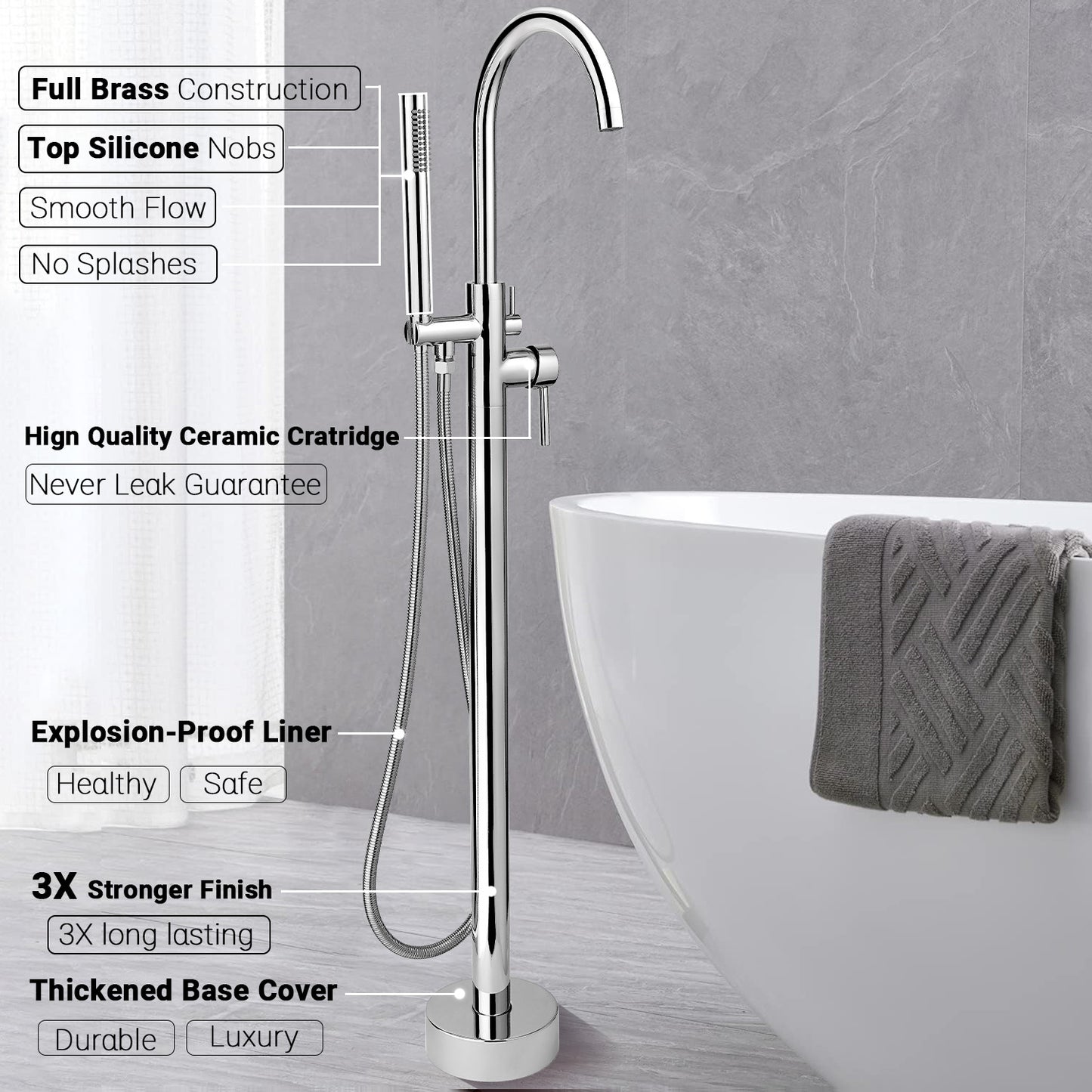 Freestanding Bathtub Faucet Floor Mount Standing Bath Tub Filler with Hand Shower, SFRD