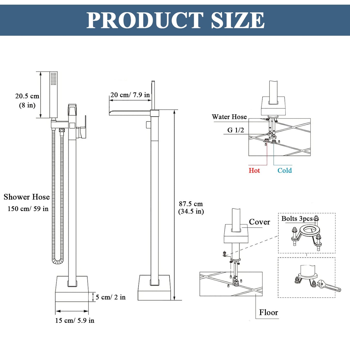 Free Standing Tub Faucet Floor Mount Freestanding Bathtub Filler, Waterfall High Flow, SHBT011