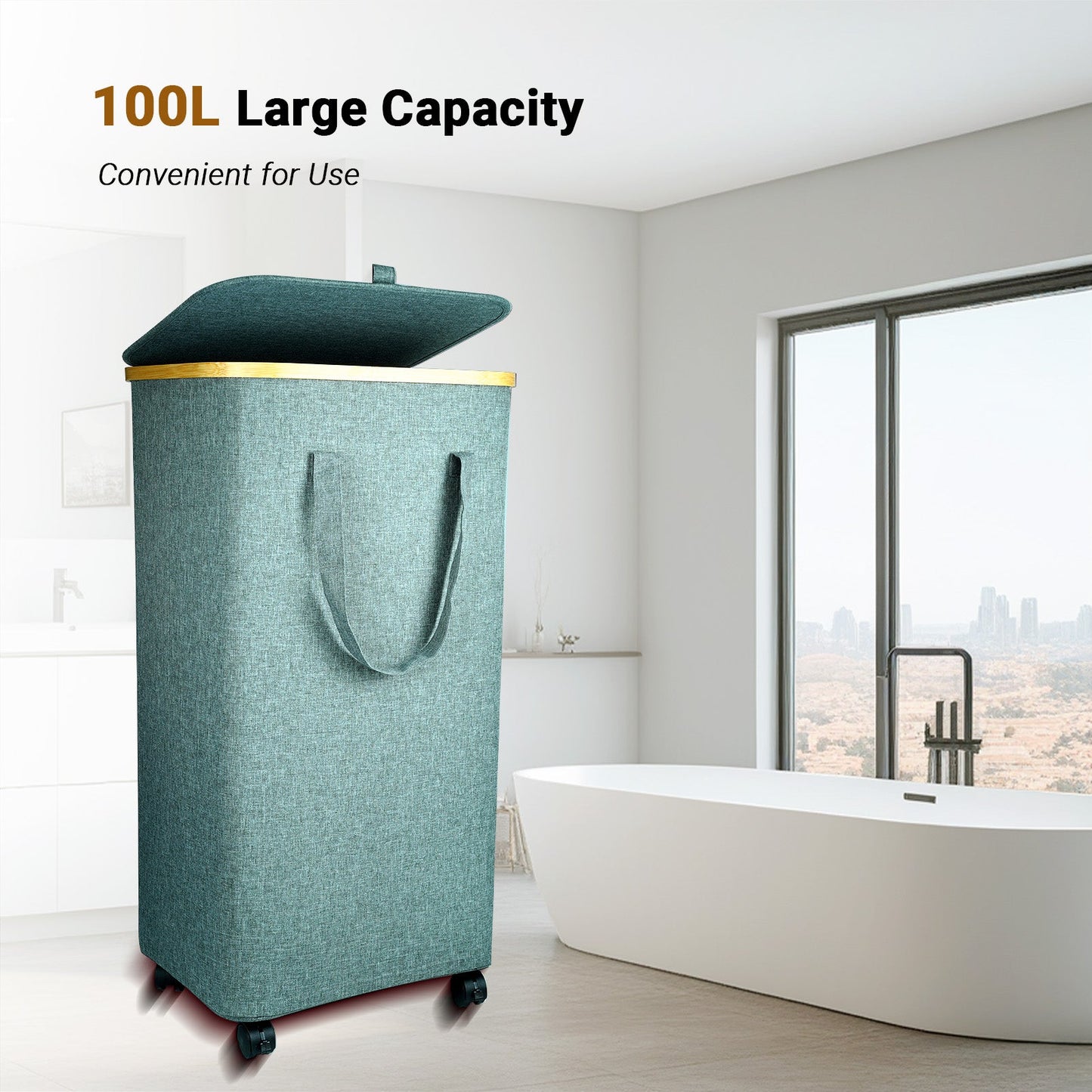 Rolling Laundry Basket, 100L Large Laundry Basket with Wheels, Slim Laundry Hamper with Lid, Foldable Hampers for Bedroom Aesthetic, Gray